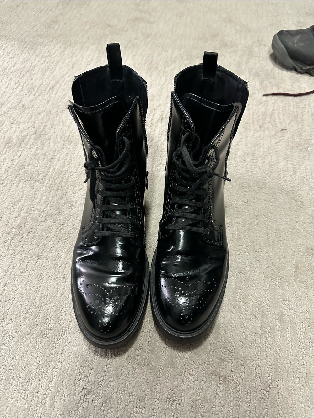 Prada Women’s Black Patent Lace-Up Wingtip Combat Boots